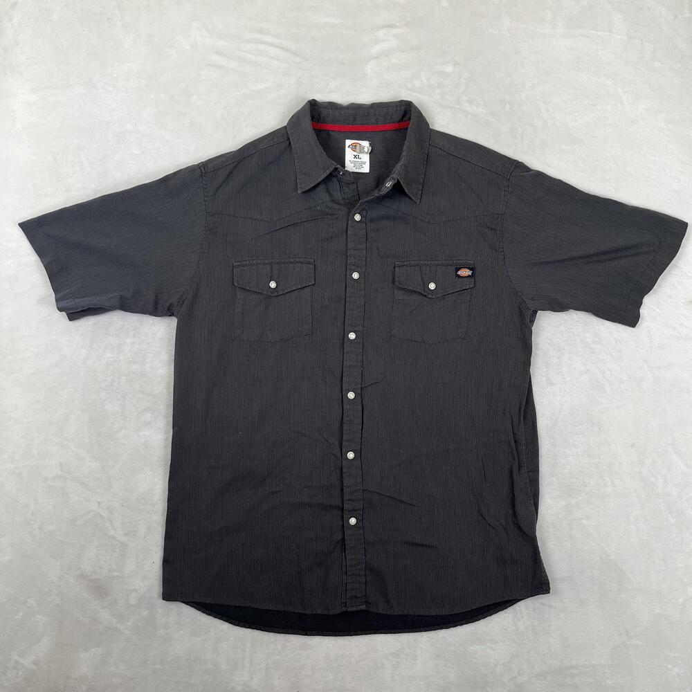 Dickies Work Western Shirt Mens XL Gray Striped Short Sleeve Snap Front Work